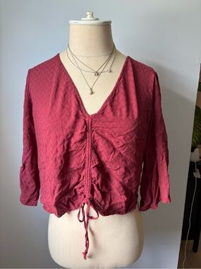 BCBG Generation - Burgundy Drawstring Ruched V-Neck Top - Medium